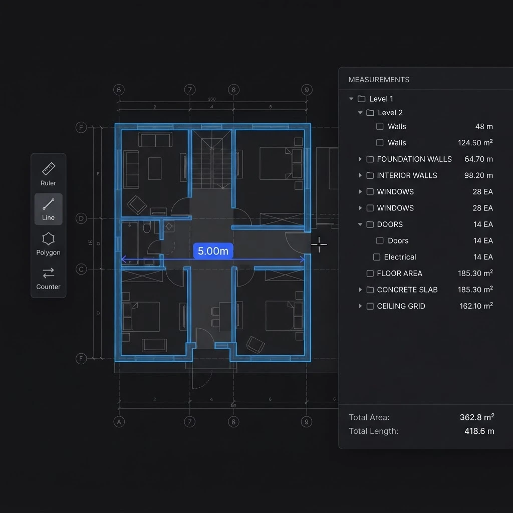 Interactive takeoff canvas with vector measurements overlaid on a floor plan